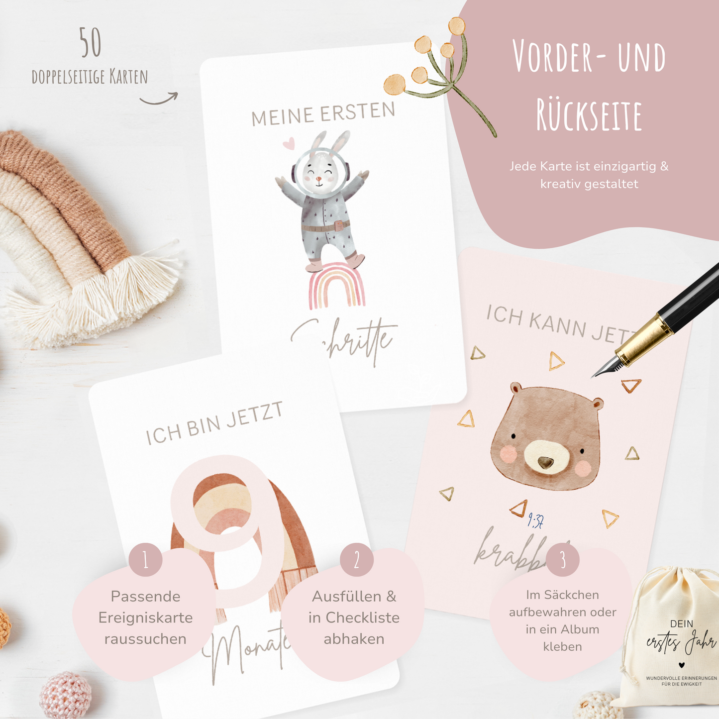 50_Meilensteinkarten_Baby_Dein_erstes_Jahr_boho_rosa