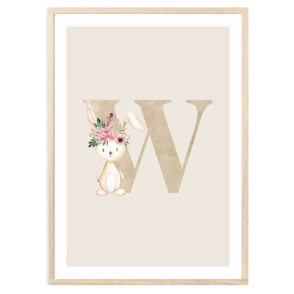 Kinderzimmerposter_Anfangsbuchstabe_beige_Hase_boho_W