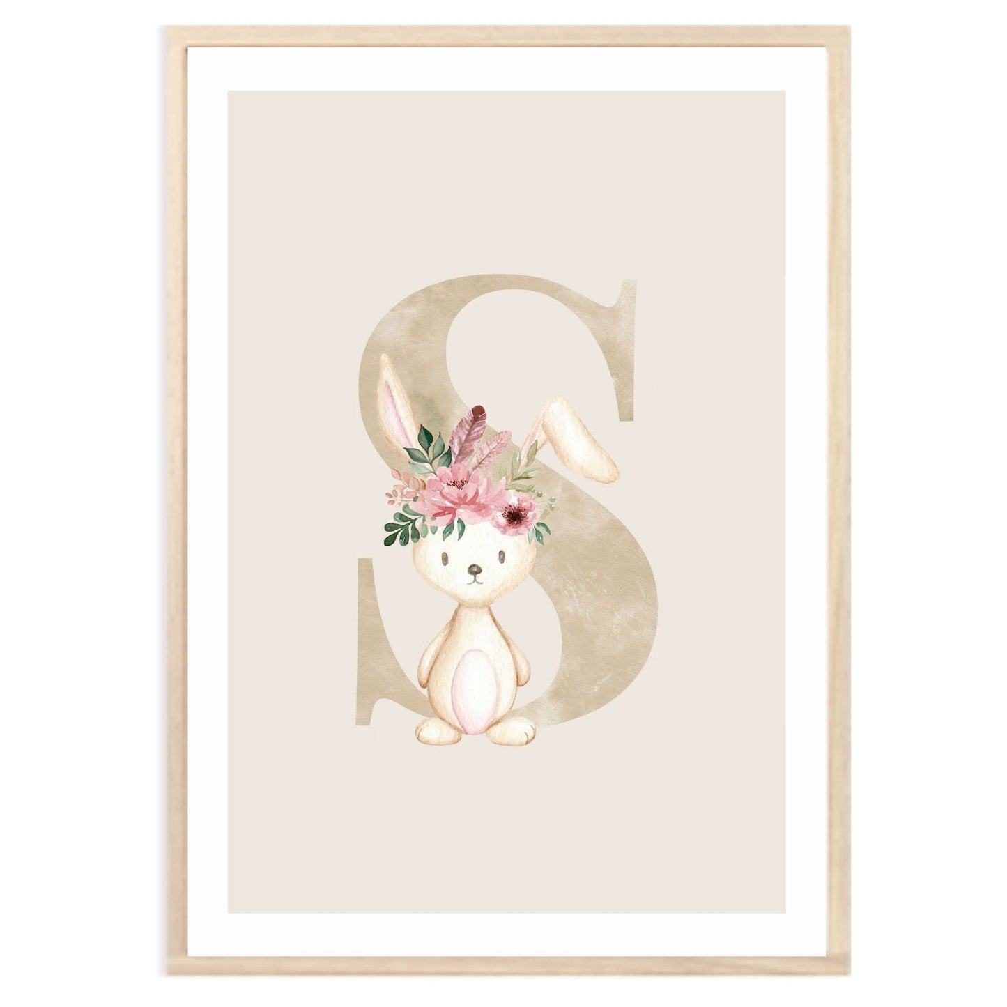 Kinderzimmerposter_Anfangsbuchstabe_beige_Hase_boho_S