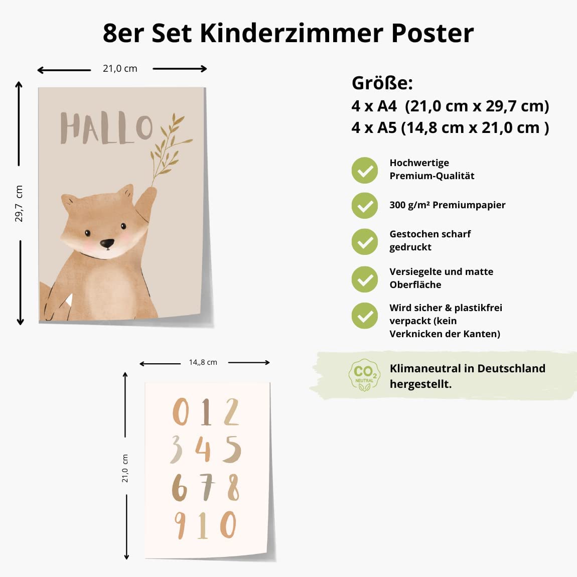 Kinderzimmerposter_Faultier_Bär_A4_A5_8er_Set