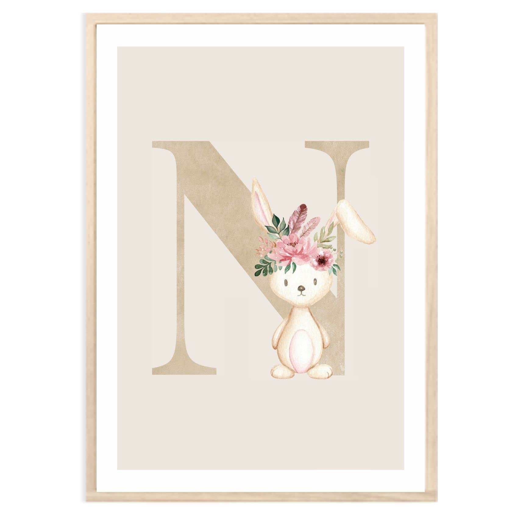 Kinderzimmerposter_Anfangsbuchstabe_beige_Hase_boho_N