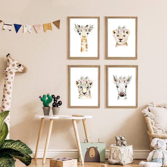 Kinderzimmerposter_Safari_Tiere_Kopfschmuck_A4_4er_Set