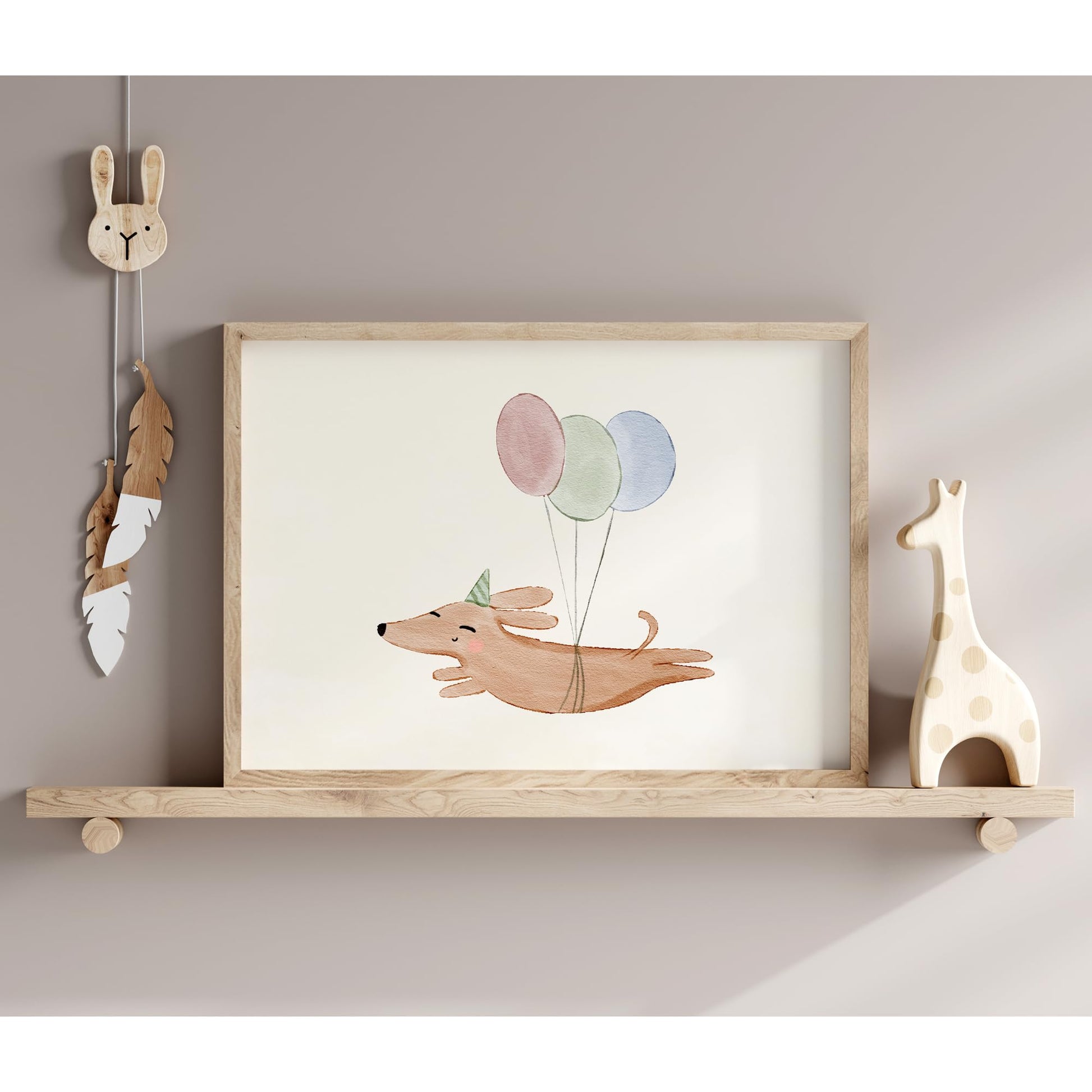 Kinderzimmerposter_boho_A4_süßer_Hund_mit_Luftballons