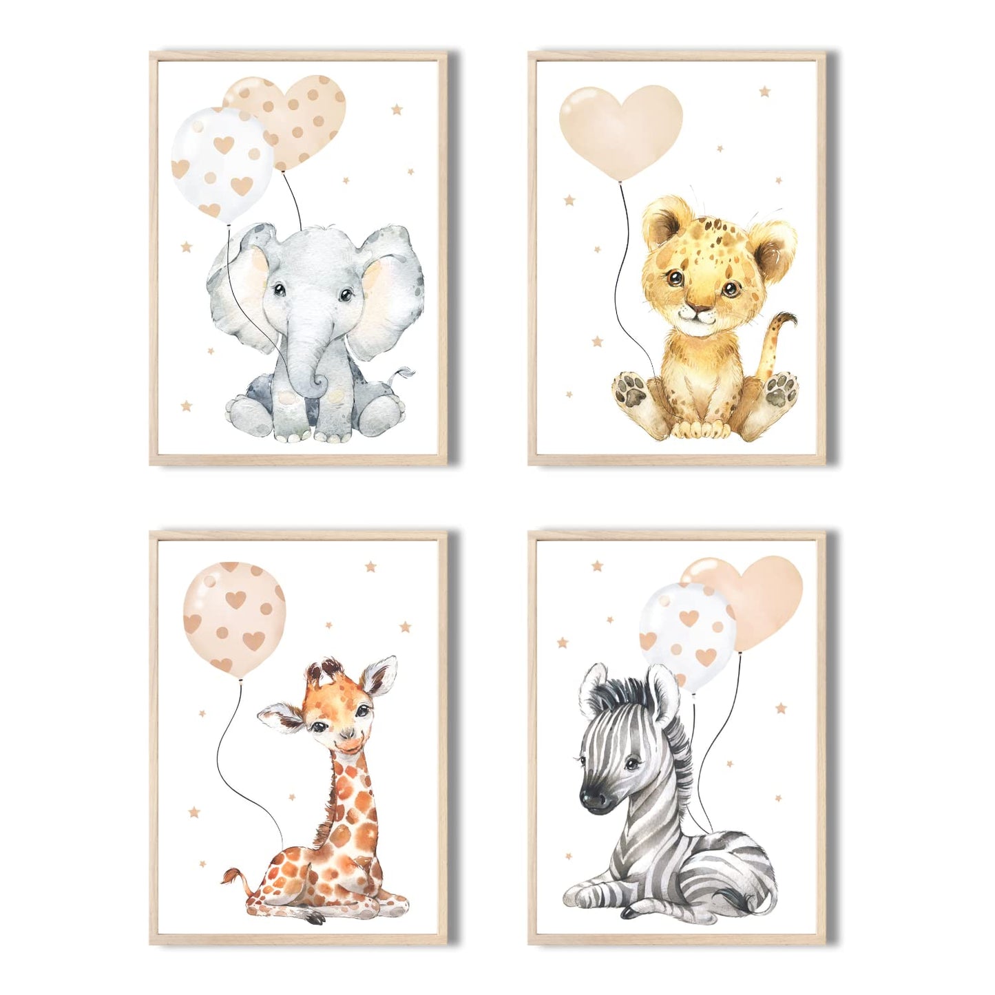 Kinderzimmerposter_Safari_Tiere_Luftballons_A4_4er_Set_beige