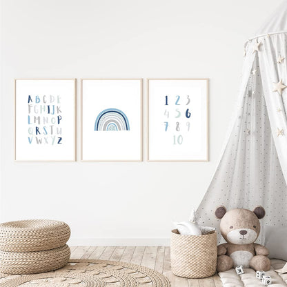 Kinderzimmerposter_Lernposter_Zahlen_ABC_Regenbogen_blau_A4_3er_Set