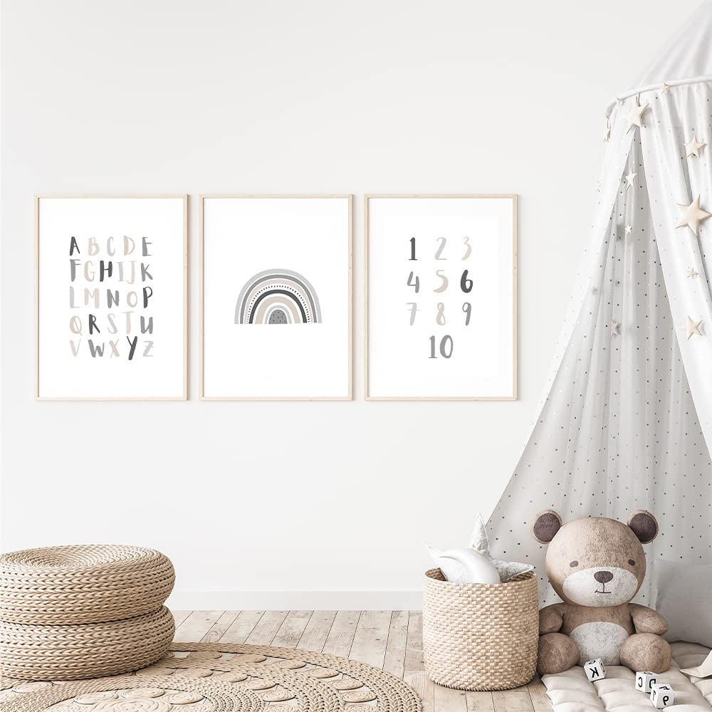 Kinderzimmerposter_Lernposter_Zahlen_ABC_Regenbogen_grau_A4_3er_Set