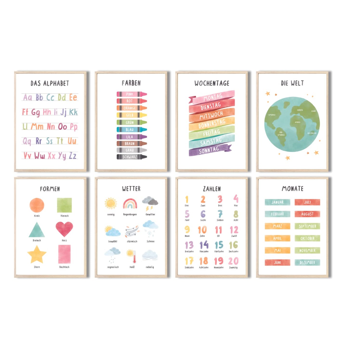 Kinderzimmerposter_Lernposter_bunt_A4_8er_Set