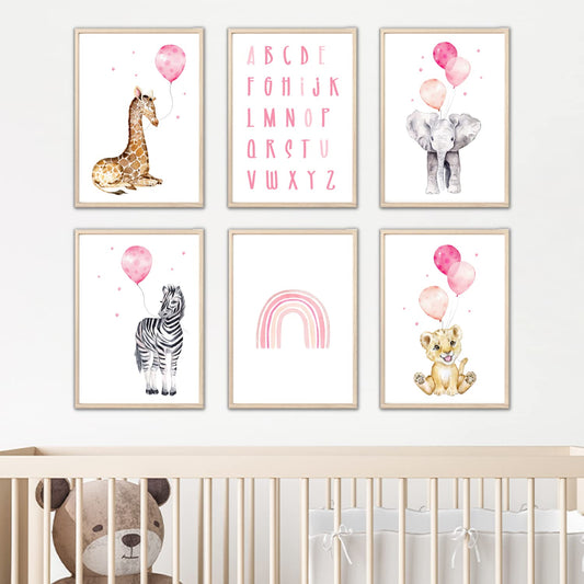 Kinderzimmerposter_Safari_Tiere_Luftballon_A4_6er_Set_rosa