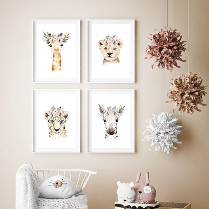 Kinderzimmerposter_Safari_Tiere_Kopfschmuck_A4_4er_Set