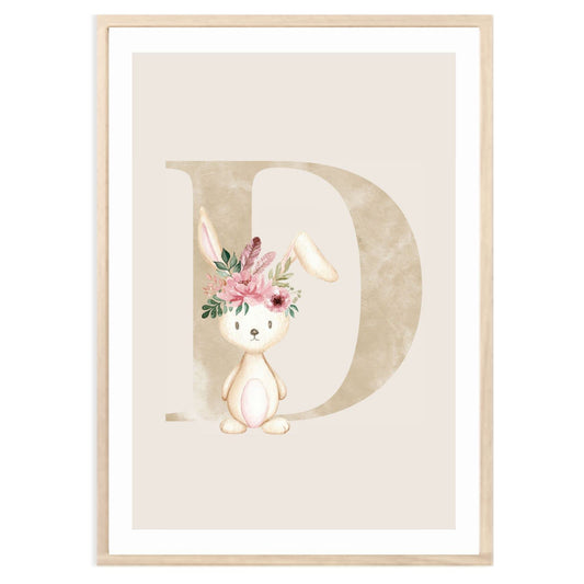 Kinderzimmerposter_Anfangsbuchstabe_beige_Hase_boho_D