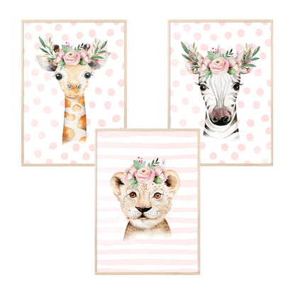 Kinderzimmerposter_Safari_Tiere_Kopfschmuck_A4_3er_Set