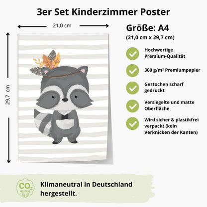 Kinderzimmerposter_boho_tiere_streifen_A4_3er_Set