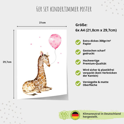 Kinderzimmerposter_Safari_Tiere_Luftballon_A4_6er_Set_rosa