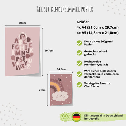 Kinderzimmerposter_Süße_freunde_boho_rosa_A4_A5_8er_Set