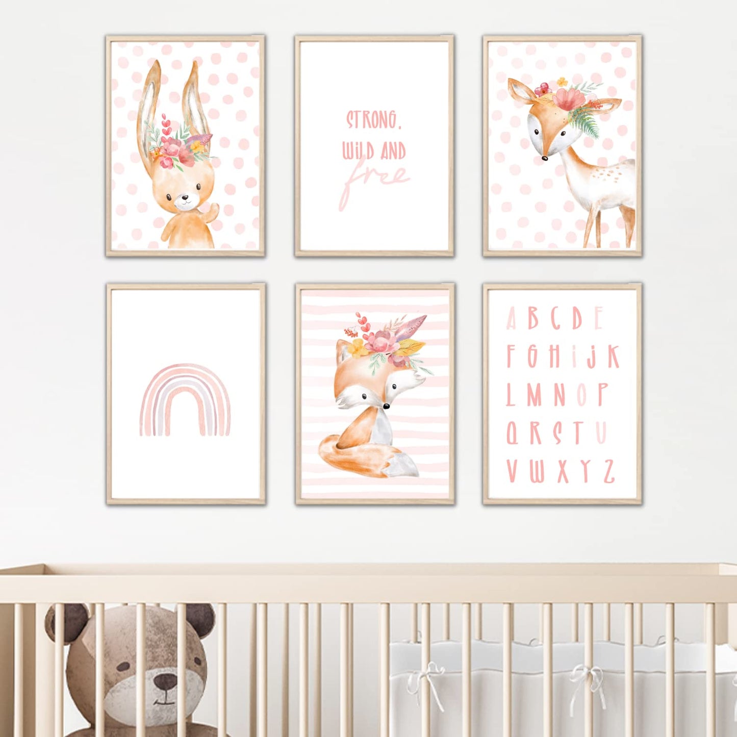 Kinderzimmerposter_Safari_Tiere_Kopfschmuck_A4_6er_Set_rosa