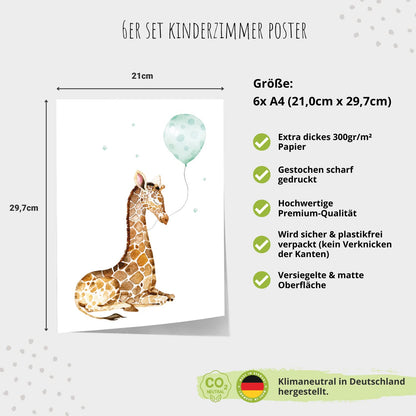 Kinderzimmerposter_Safari_Tiere_Luftballon_A4_6er_Set_mint