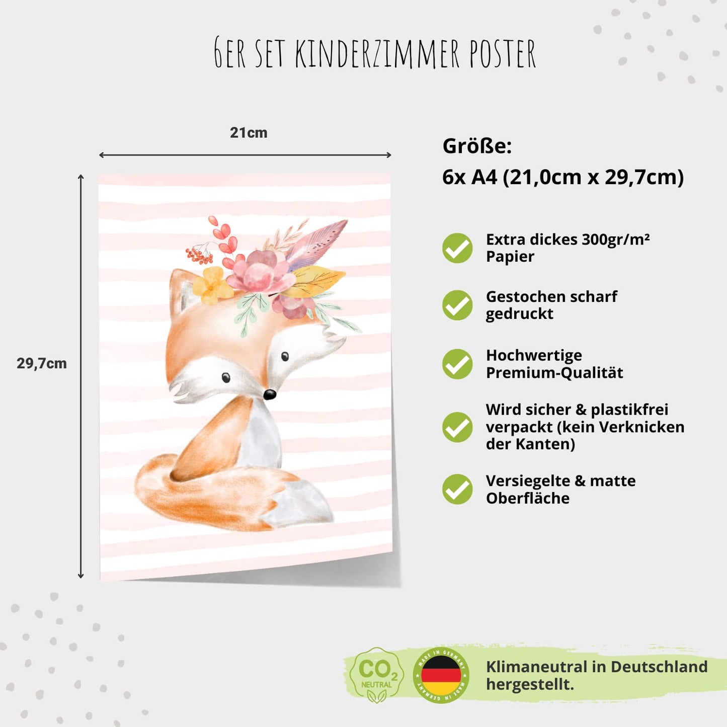 Kinderzimmerposter_Safari_Tiere_Kopfschmuck_A4_6er_Set_rosa