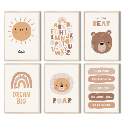 Kinderzimmerposter_Süße_freunde_boho_beige_A4_6er_Set