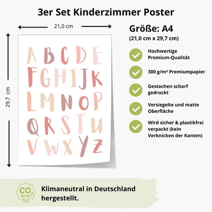 Kinderzimmerposter_Lernposter_Zahlen_ABC_Regenbogen_rosa_A4_3er_Set