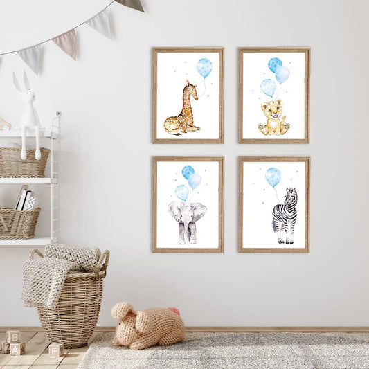 Kinderzimmerposter_Safari_Tiere_Luftballons_A4_4er_Set_blau