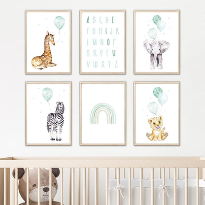 Kinderzimmerposter_Safari_Tiere_Luftballon_A4_6er_Set_mint