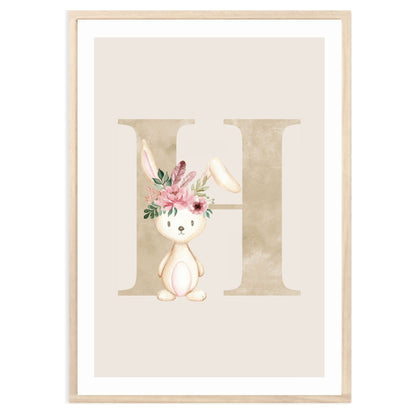 Kinderzimmerposter_Anfangsbuchstabe_beige_Hase_boho_H