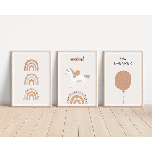 Kinderzimmerposter_Einhörner_beige_A4_3er_Set