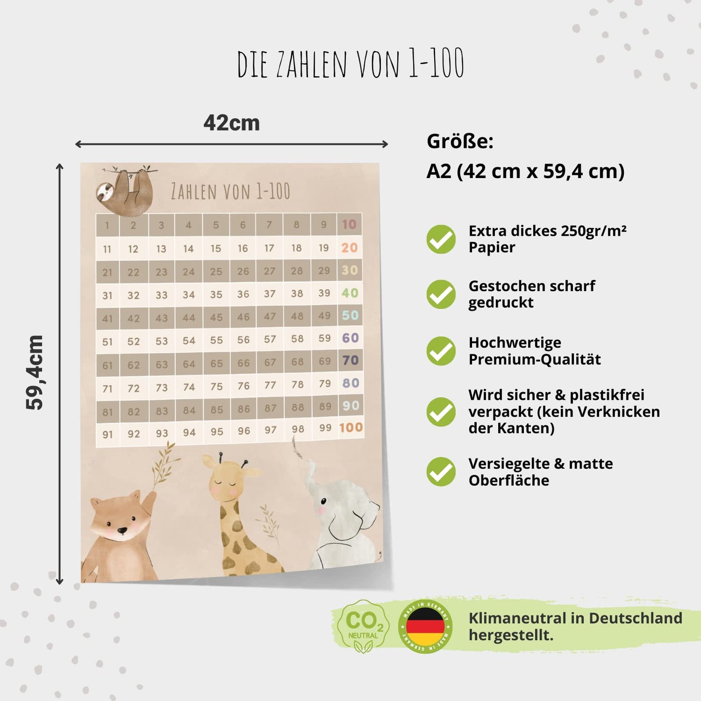 Kinderzimmerposter_Lernposter_Zahlen_1_bis_100_Süße_Tiere_A2_beige