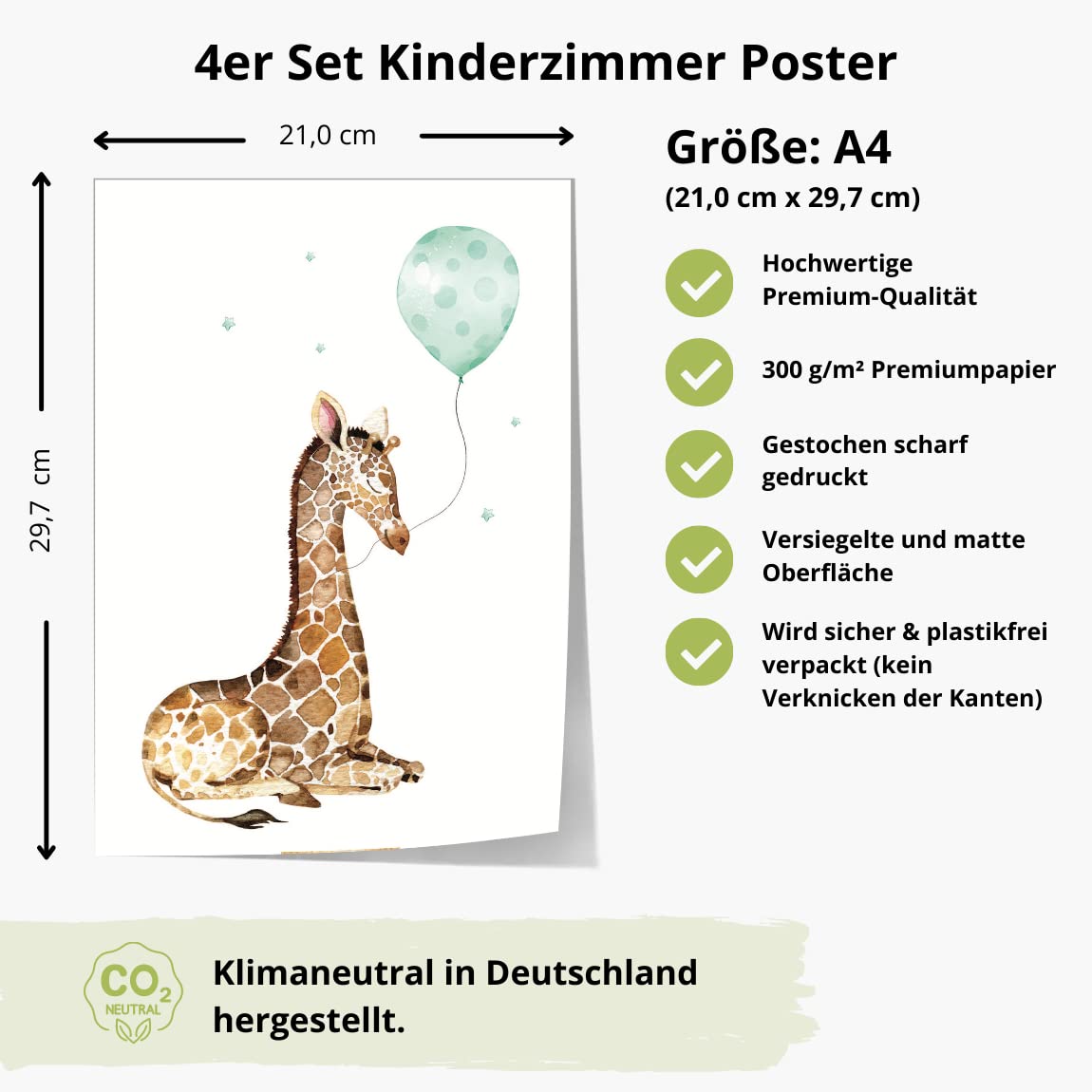 Kinderzimmerposter_Safari_Tiere_Luftballons_A4_4er_Set_mint