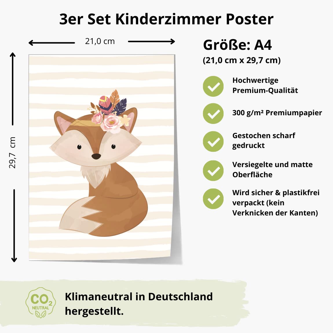 Kinderzimmerposter_boho_tiere_streifen_A4_3er_Set