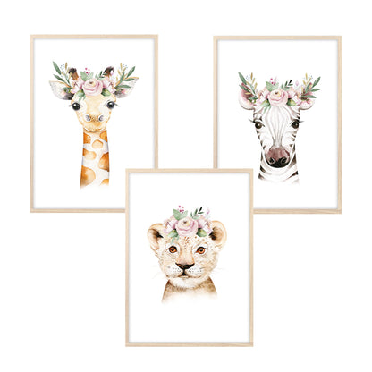 Kinderzimmerposter_safari_tiere_Kopfschmuck_A4_3er_Set