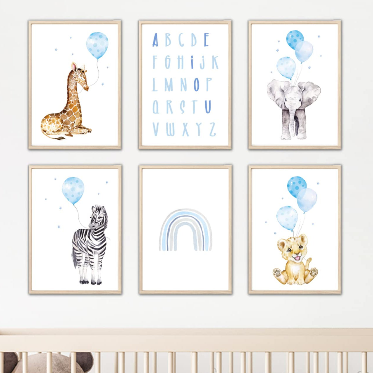 Kinderzimmerposter_Safari_Tiere_Luftballons_A4_6er_Set_blau