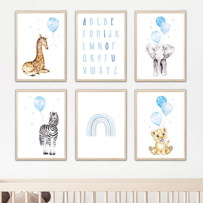 Kinderzimmerposter_Safari_Tiere_Luftballons_A4_6er_Set_blau