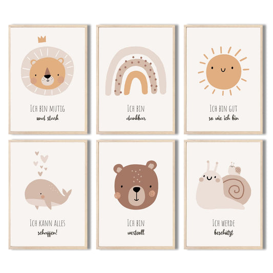 Kinderzimmerposter_Affirmationen_A4_6er_Set_beige