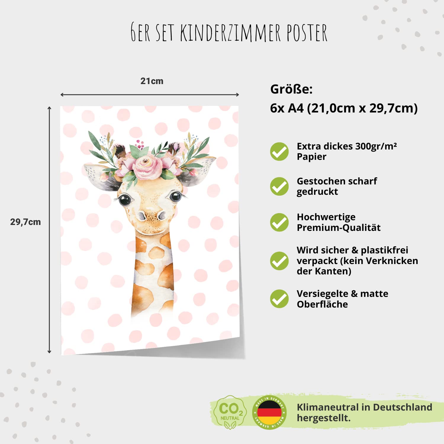 Kinderzimmerposter_Safari_Tiere_Kopfschmuck_A4_6er_Set_rosa