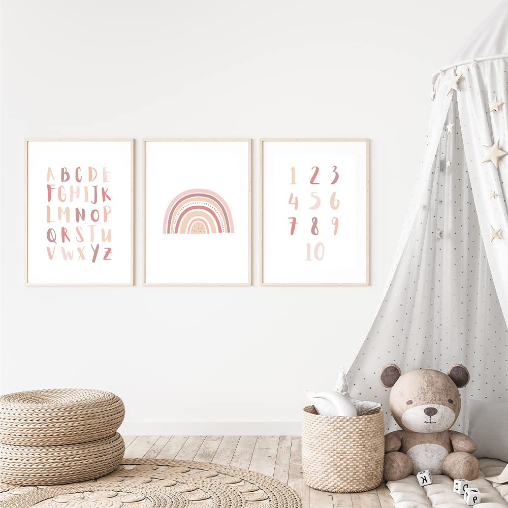 Kinderzimmerposter_Lernposter_Zahlen_ABC_Regenbogen_rosa_A4_3er_Set