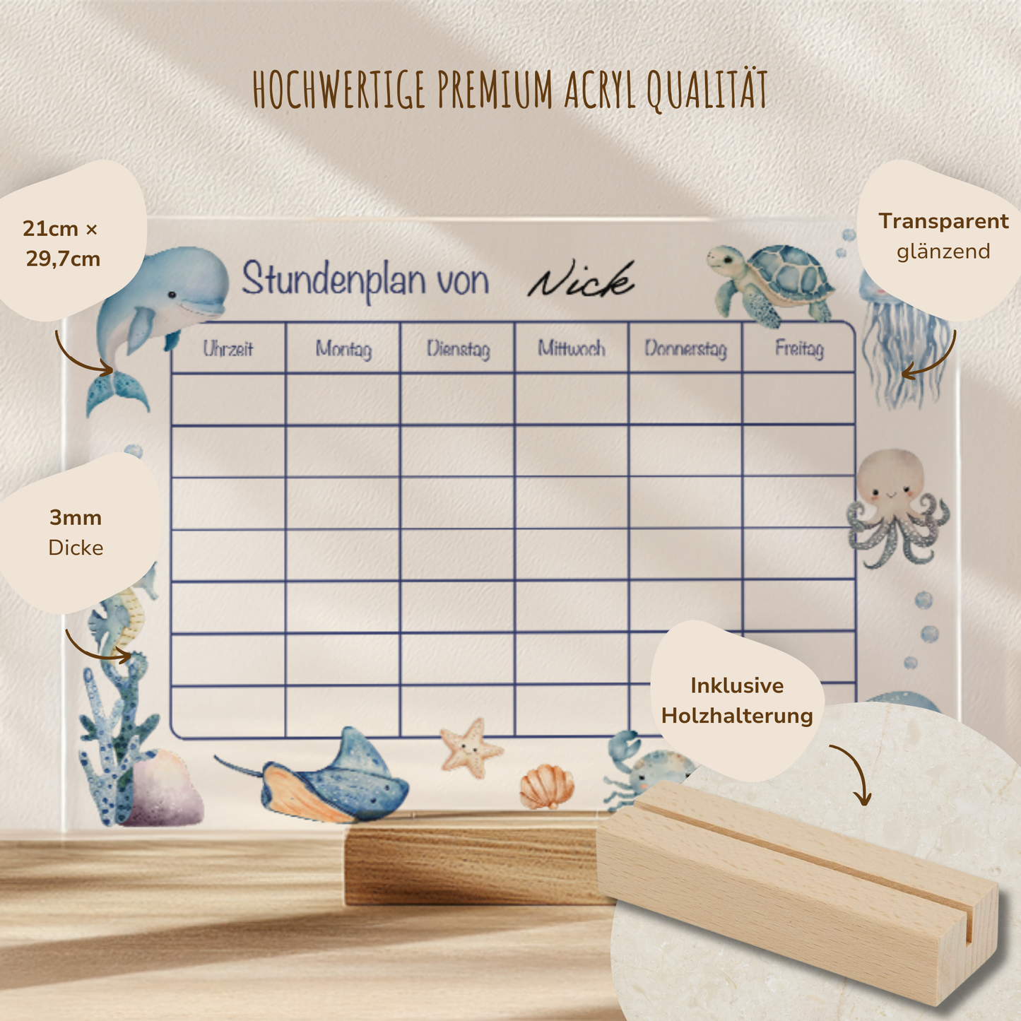 Stundenplan aus Acryl inkl. Holzhalterung | Unterwasserwelt