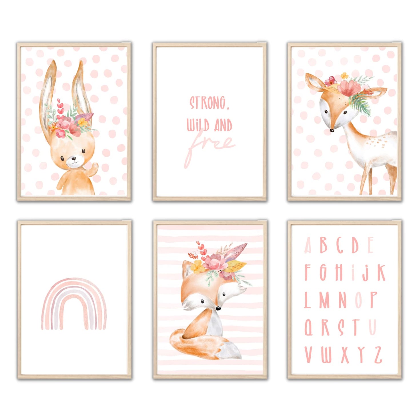 Kinderzimmerposter_Safari_Tiere_Kopfschmuck_A4_6er_Set_rosa