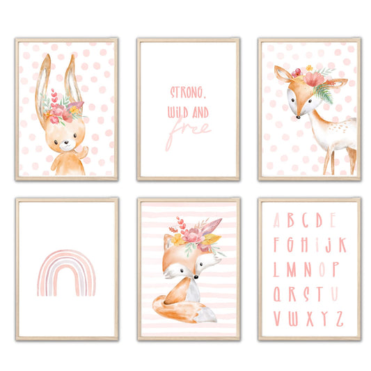 Kinderzimmerposter_Safari_Tiere_Kopfschmuck_A4_6er_Set_rosa