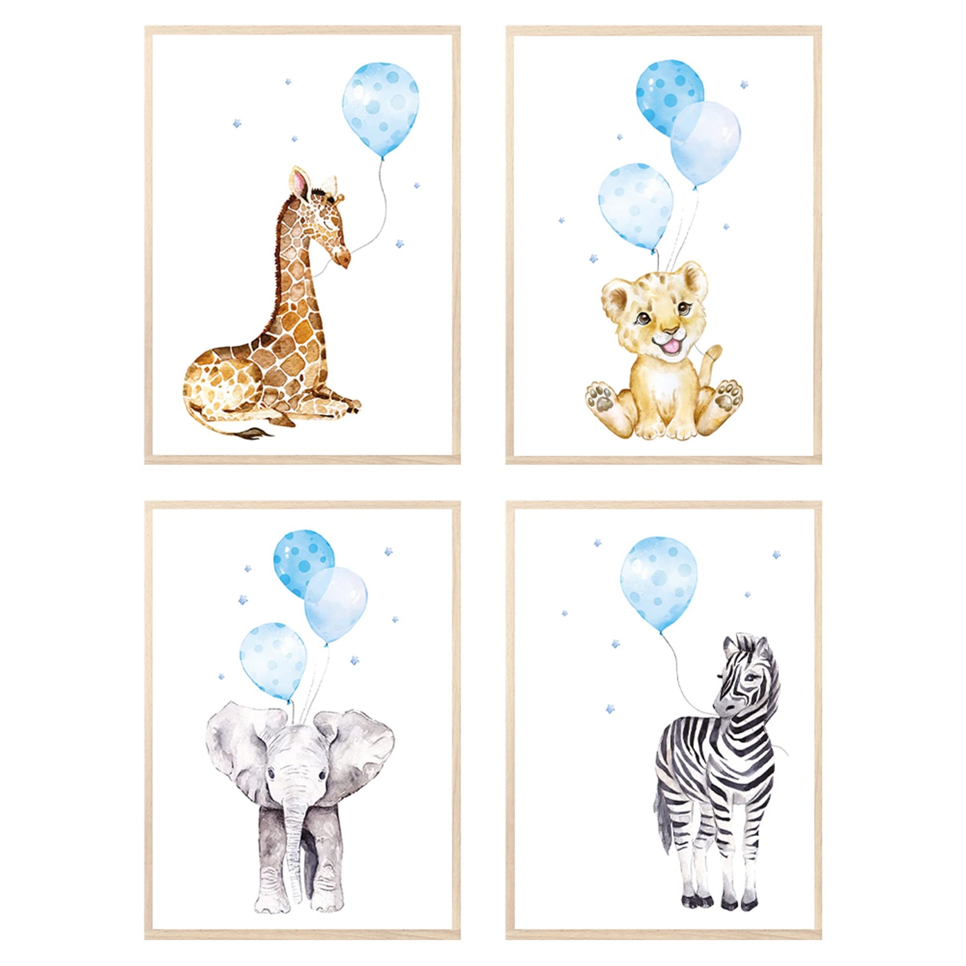 Kinderzimmerposter_Safari_Tiere_Luftballons_A4_4er_Set_blau