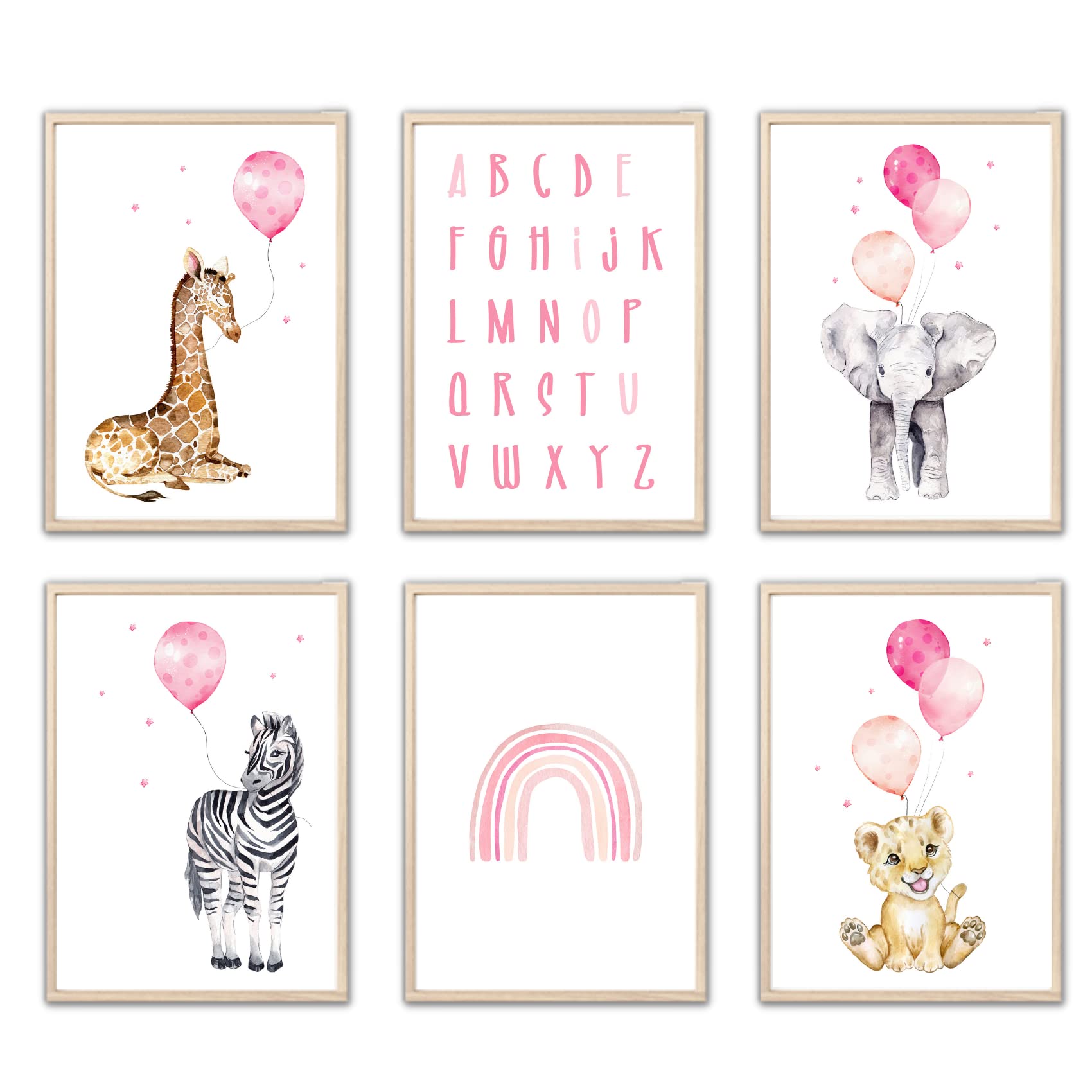 Kinderzimmerposter_Safari_Tiere_Luftballon_A4_6er_Set_rosa