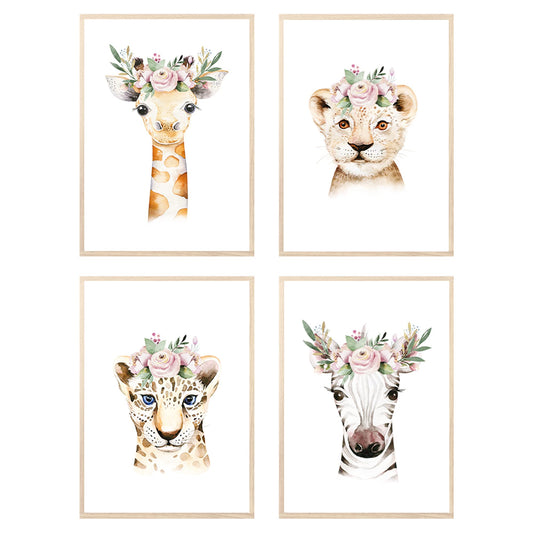 Kinderzimmerposter_Safari_Tiere_Kopfschmuck_A4_4er_Set