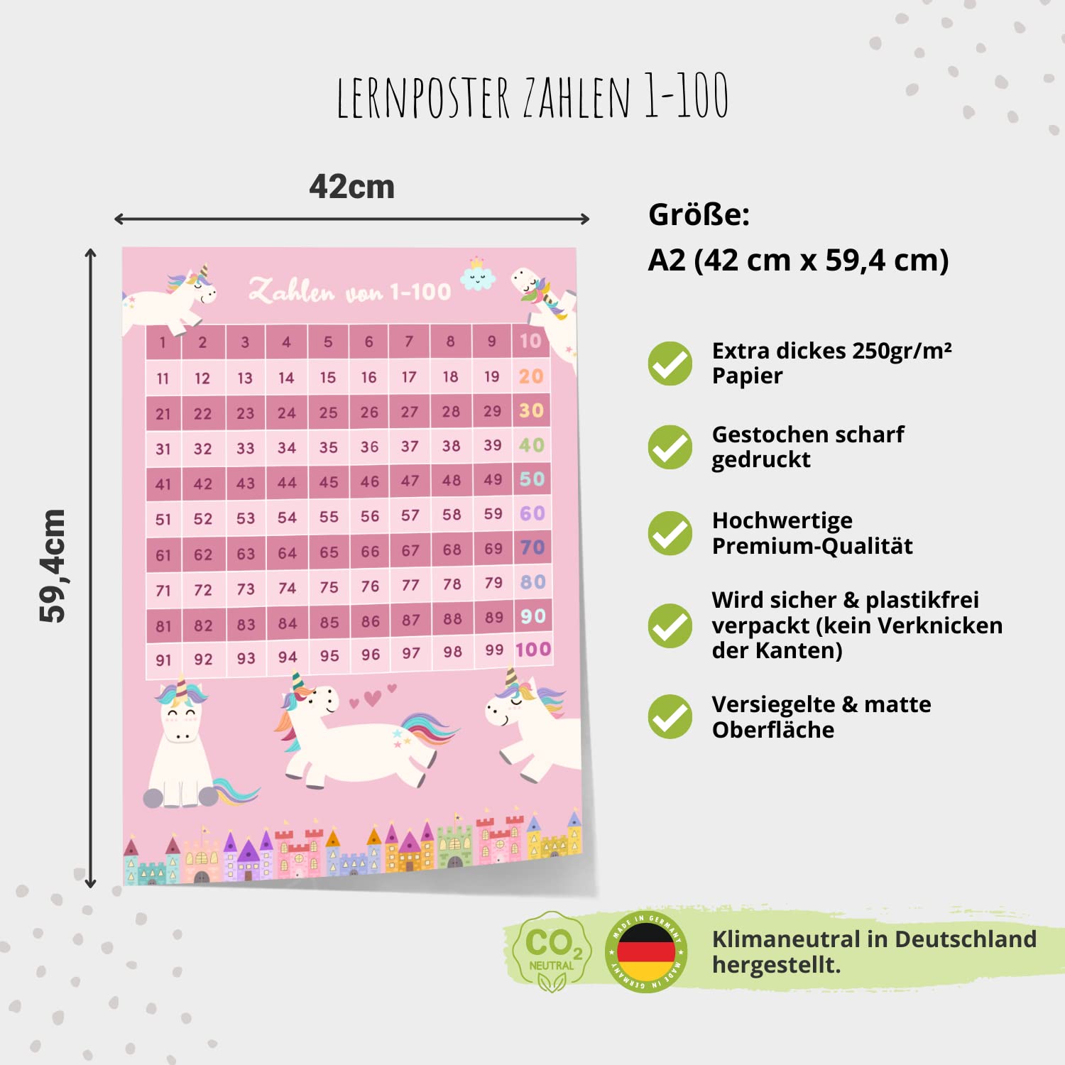 Kinderzimmerposter_Lernposter_Zahlen_1_bis_100_Einhorn_A2_rosa