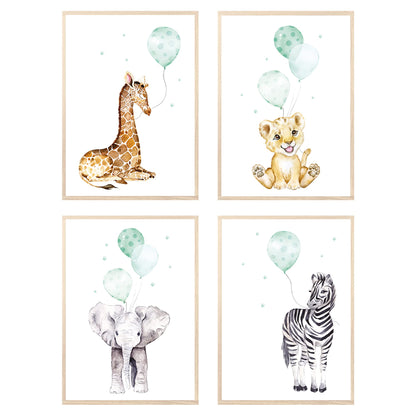 Kinderzimmerposter_Safari_Tiere_Luftballons_A4_4er_Set_mint