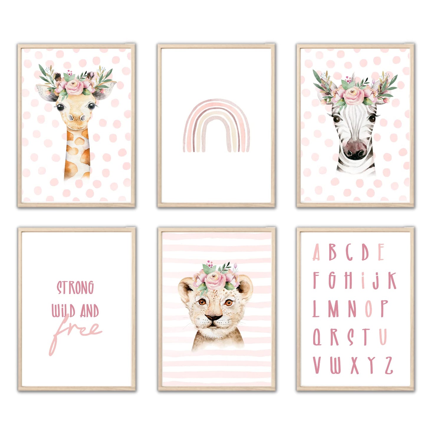 Kinderzimmerposter_Safari_Tiere_Kopfschmuck_A4_6er_Set_rosa