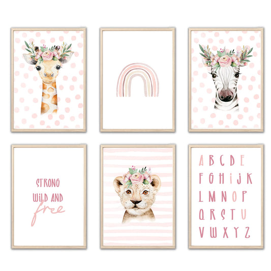 Kinderzimmerposter_Safari_Tiere_Kopfschmuck_A4_6er_Set_rosa