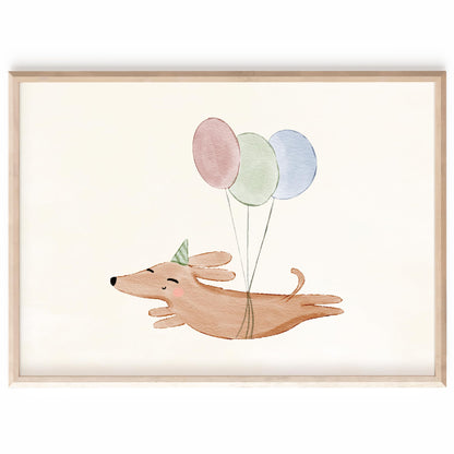 Kinderzimmerposter_boho_A4_süßer_Hund_mit_Luftballons