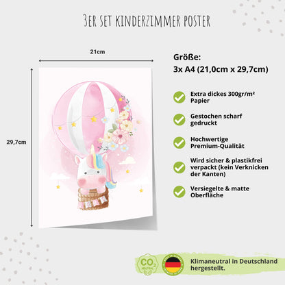 Kinderzimmerposter_Einhörner_pink_A4_3er_Set