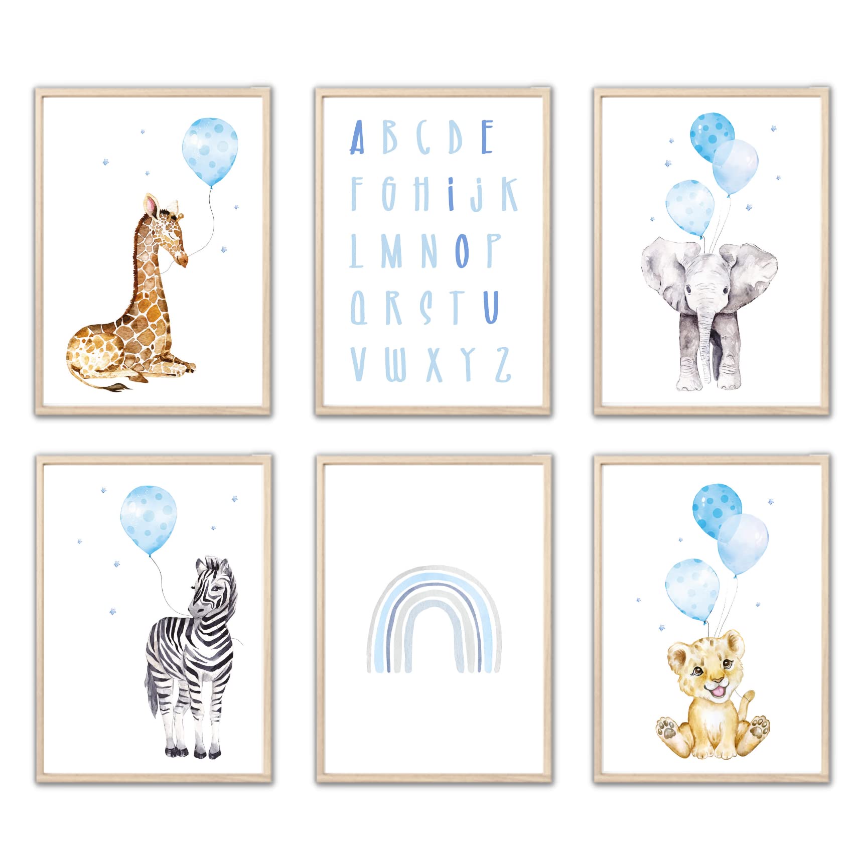 Kinderzimmerposter_Safari_Tiere_Luftballons_A4_6er_Set_blau