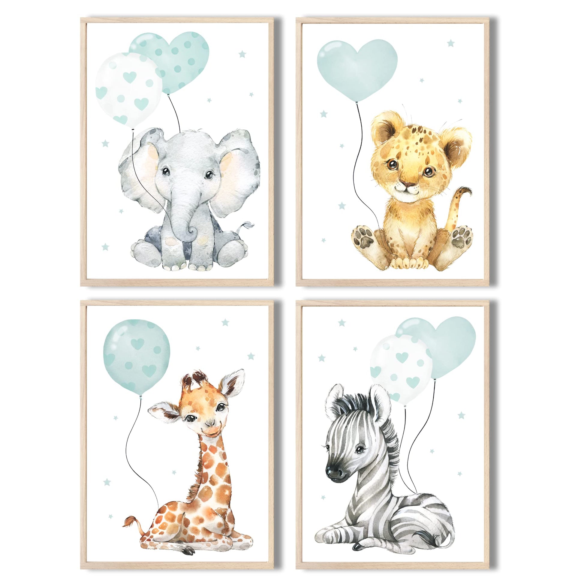 Kinderzimmerposter_Safari_Tiere_Luftballons_A4_4er_Set_mint